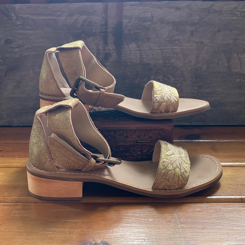 Latigo beige and gold embroidered sandals. Ankle strap. Never worn.